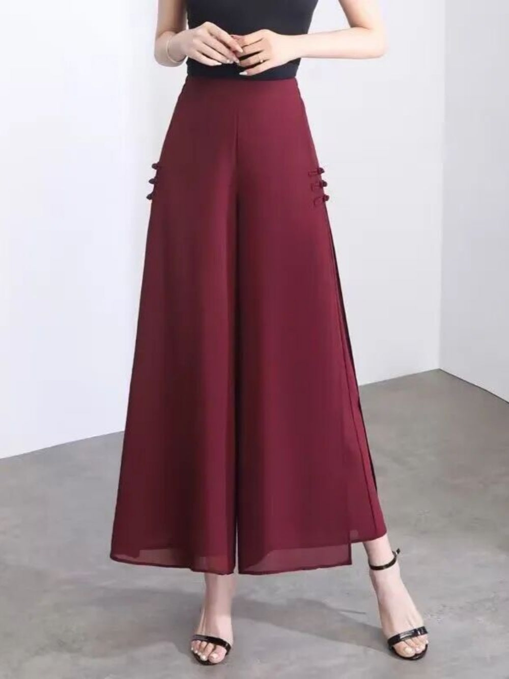 Slit drape chiffon cropped wide-leg trousers