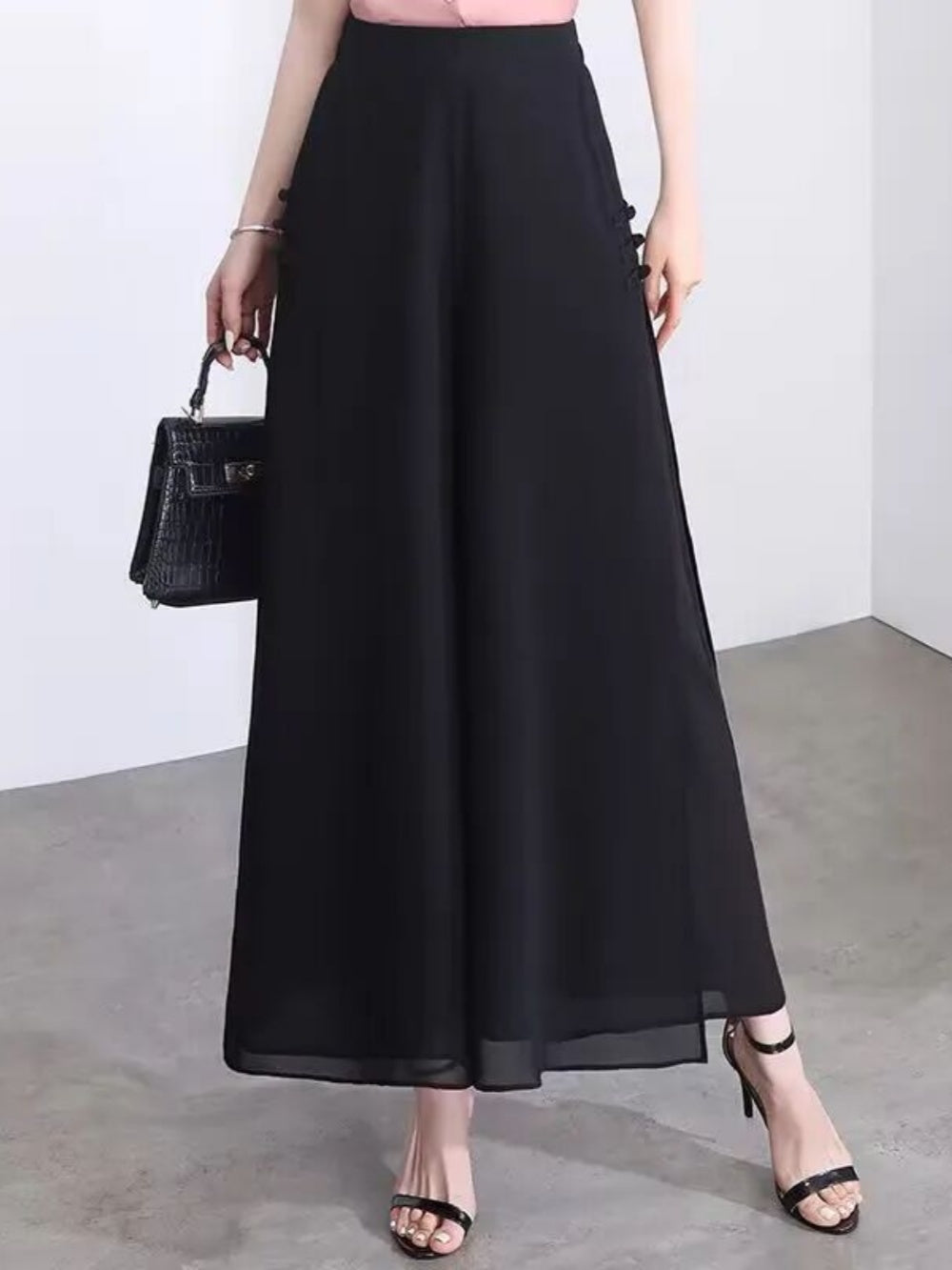 Slit drape chiffon cropped wide-leg trousers
