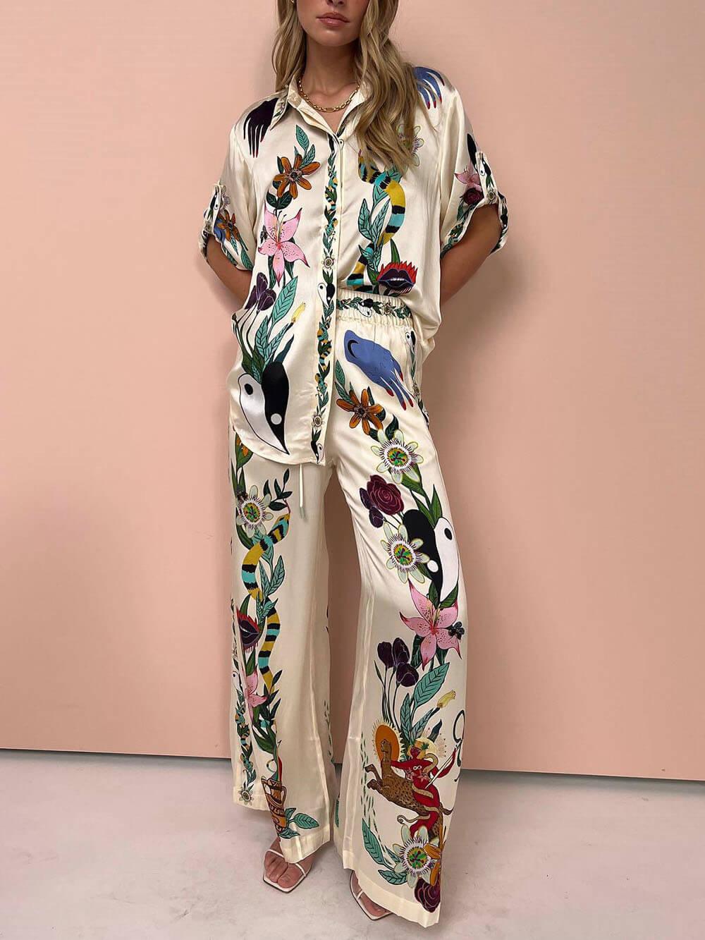 Satin Unique Print Elastic Waist Pocketed Wide Leg Trousers