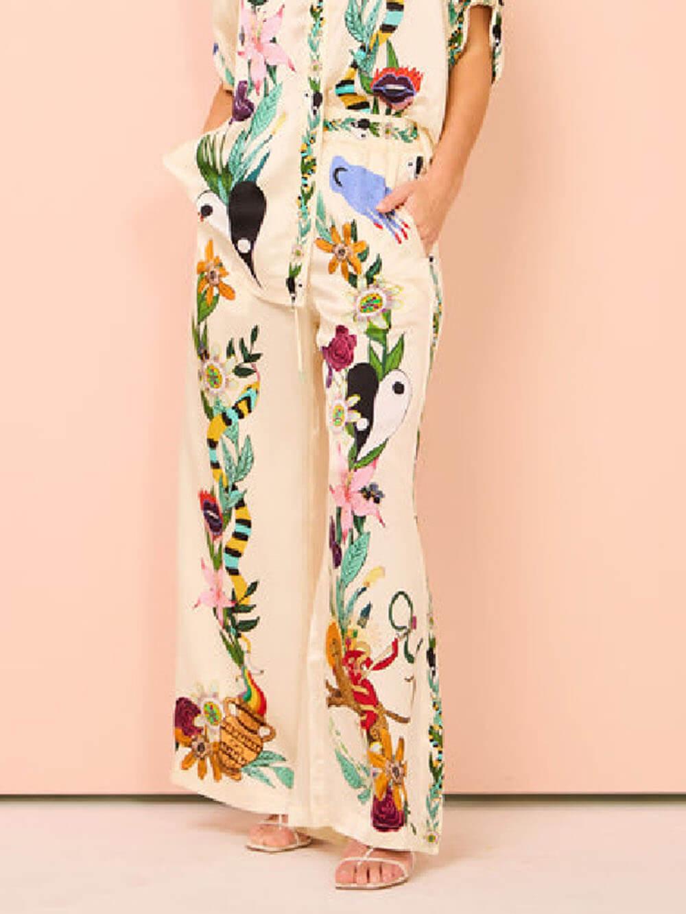 Satin Unique Print Elastic Waist Pocketed Wide Leg Trousers