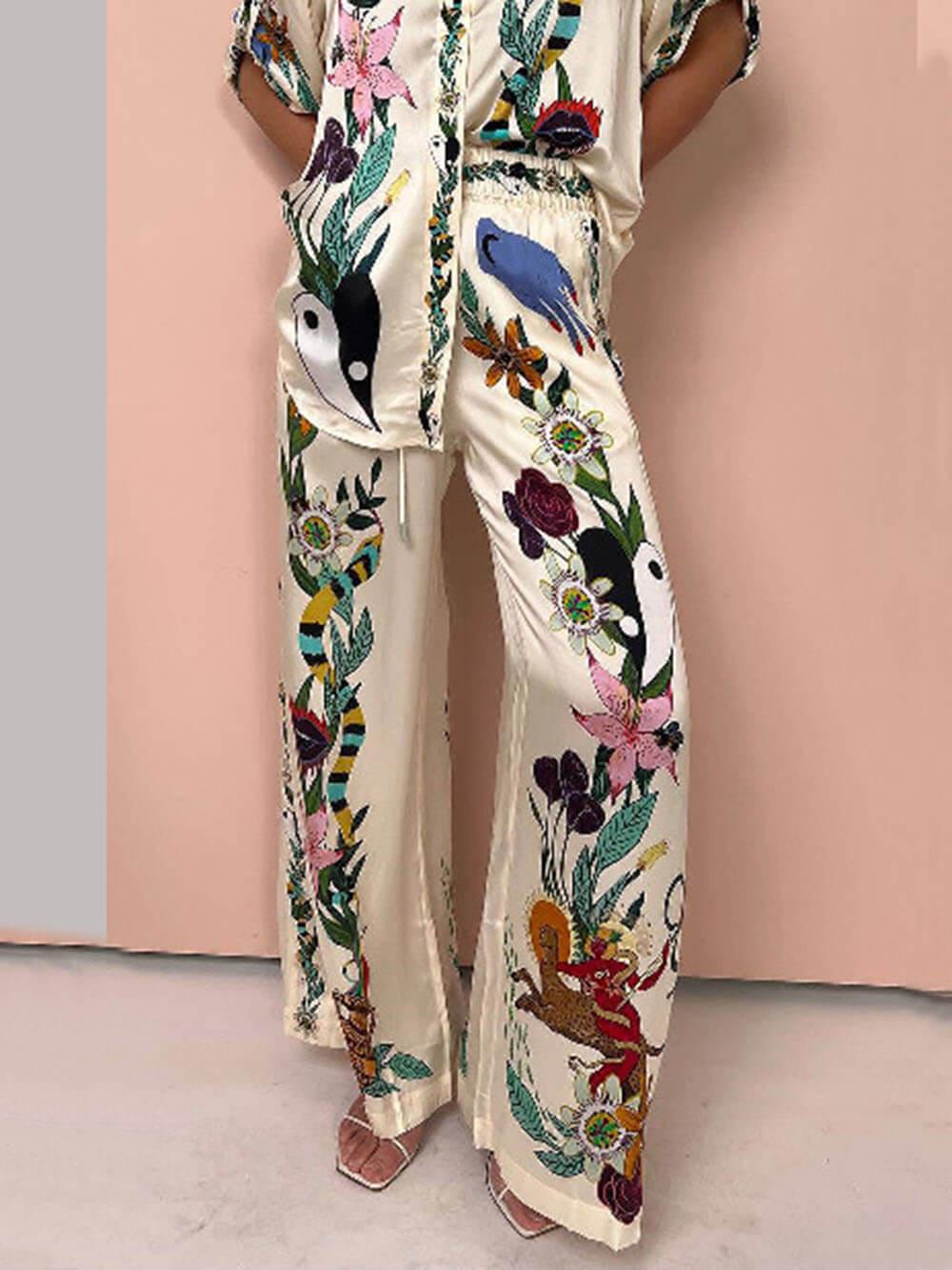 Satin Unique Print Elastic Waist Pocketed Wide Leg Trousers
