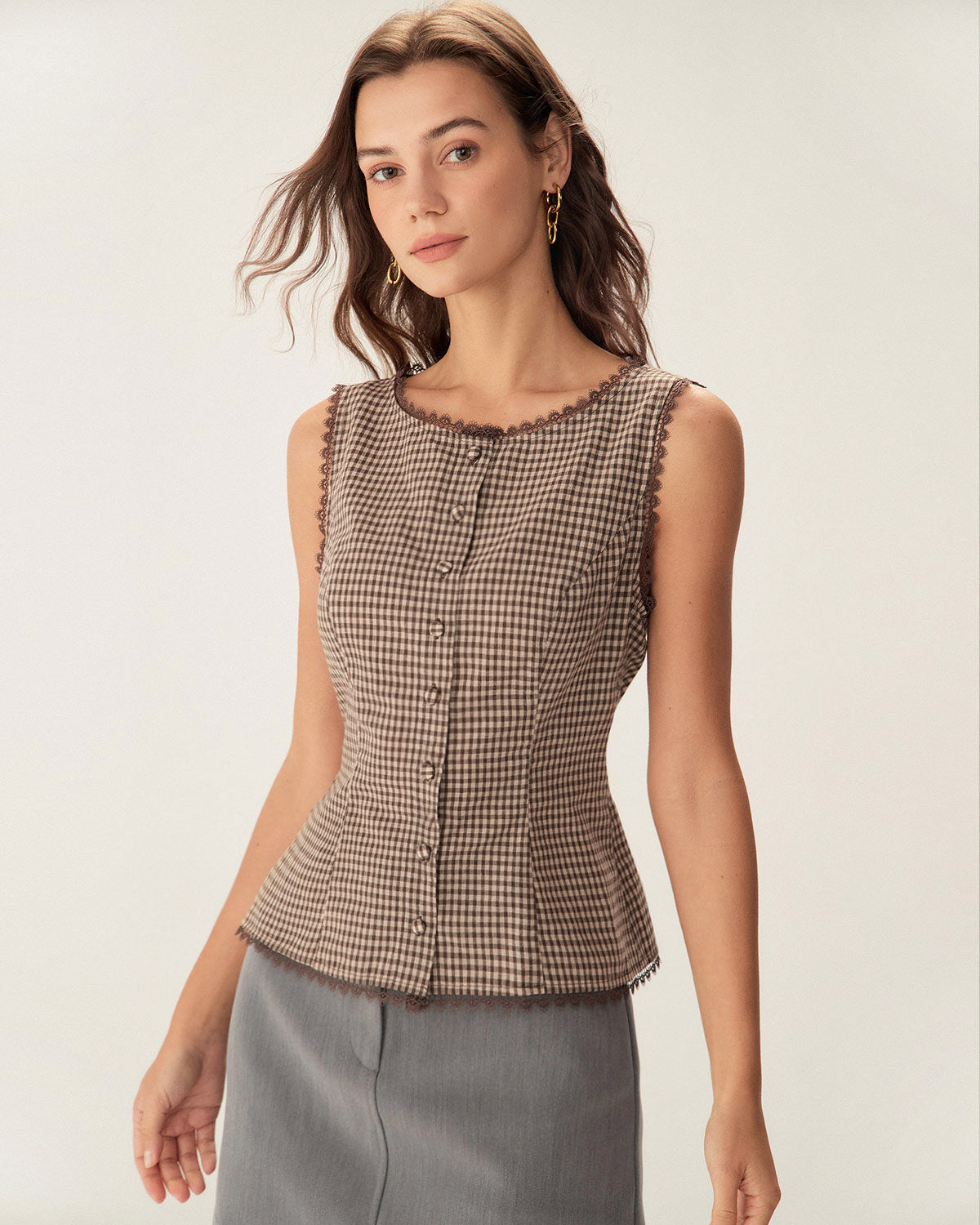 Brown Plaid Single Breasted Waistcoat