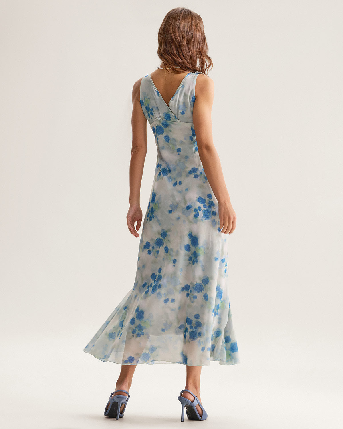 Blue Floral Ruffle V Neck Sleeveless Midi Dress