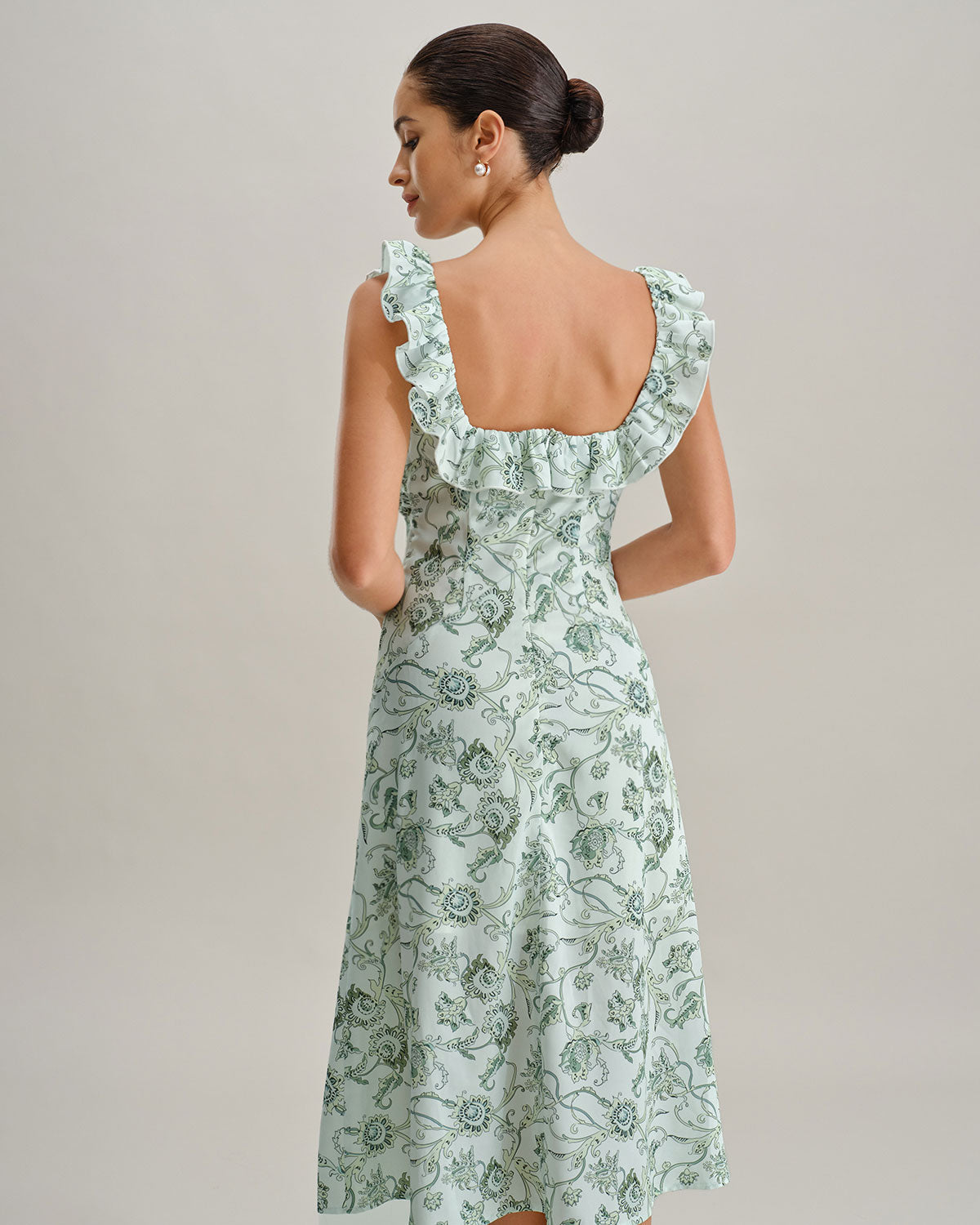 Green Floral Square Neck Ruched Midi Dress