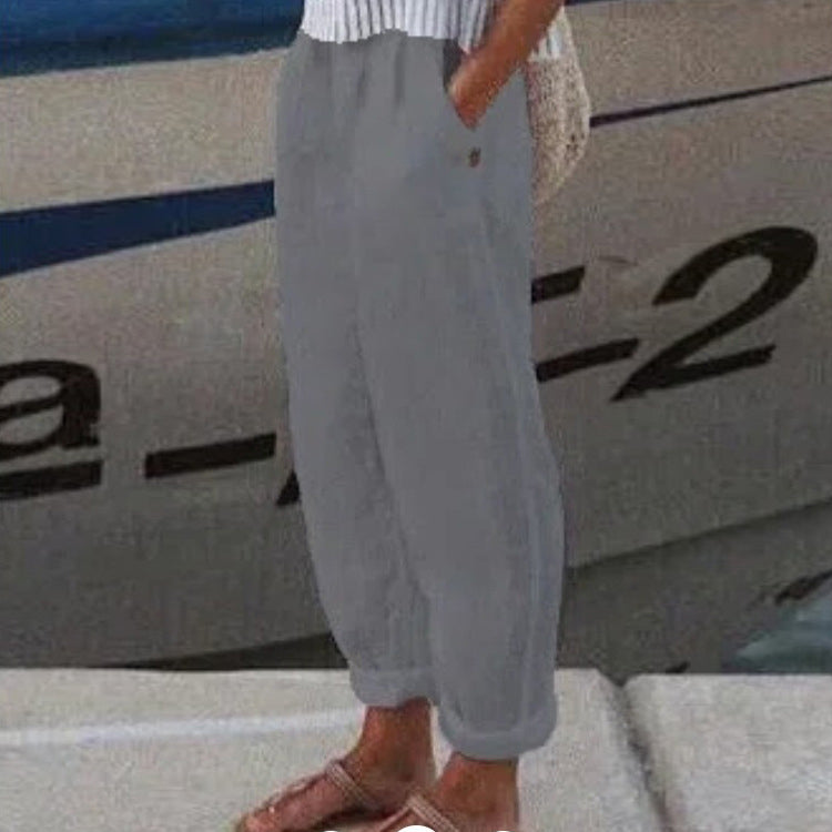 Cotton Linen Solid Colour Casual Trousers