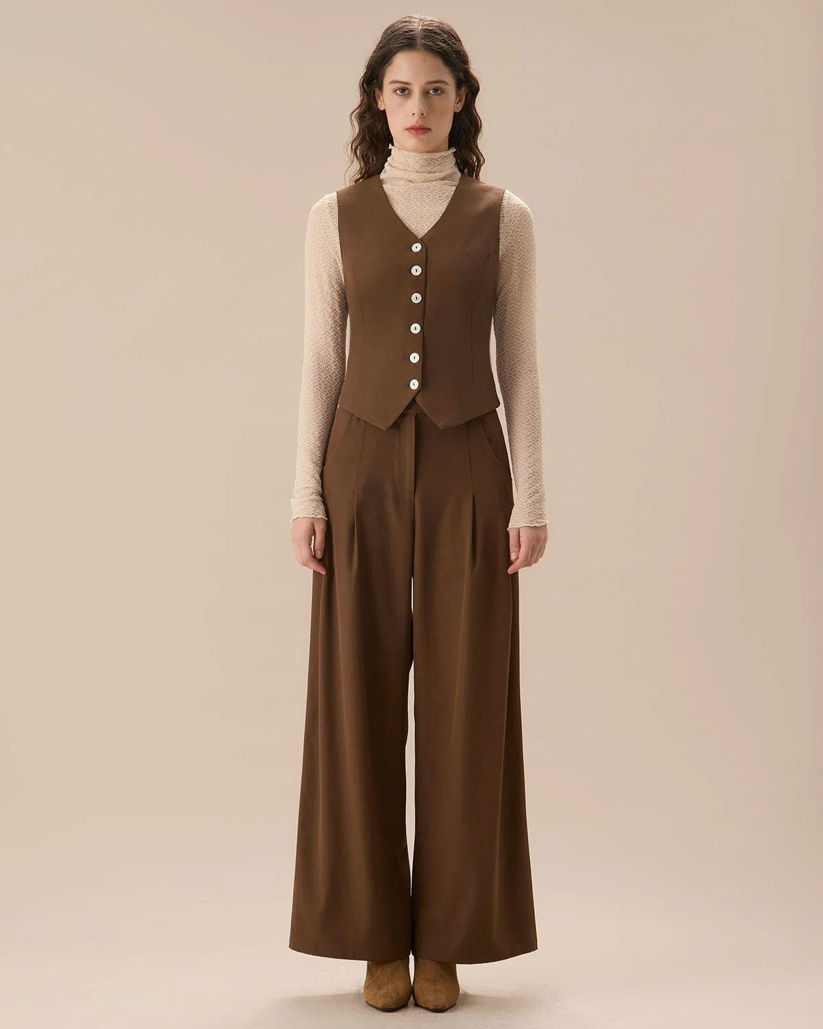 Brown V Neck Button Up Sleeveless Top
