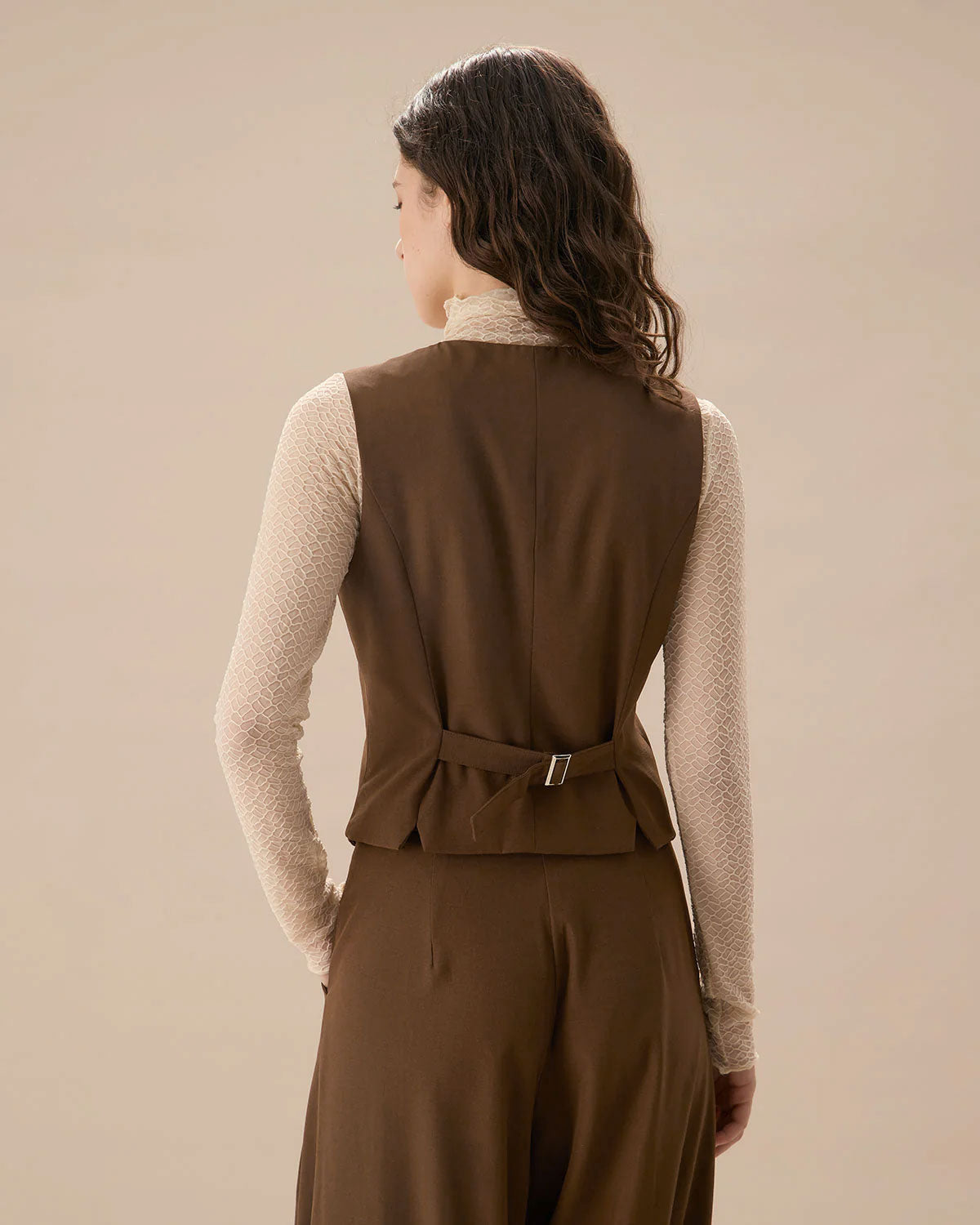 Brown V Neck Button Up Sleeveless Top