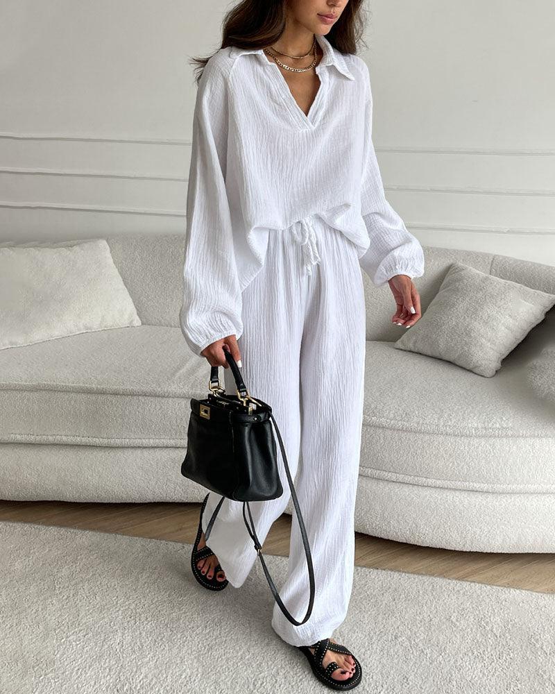 Autumn Simple V-Neck Casual Two-Piece Set