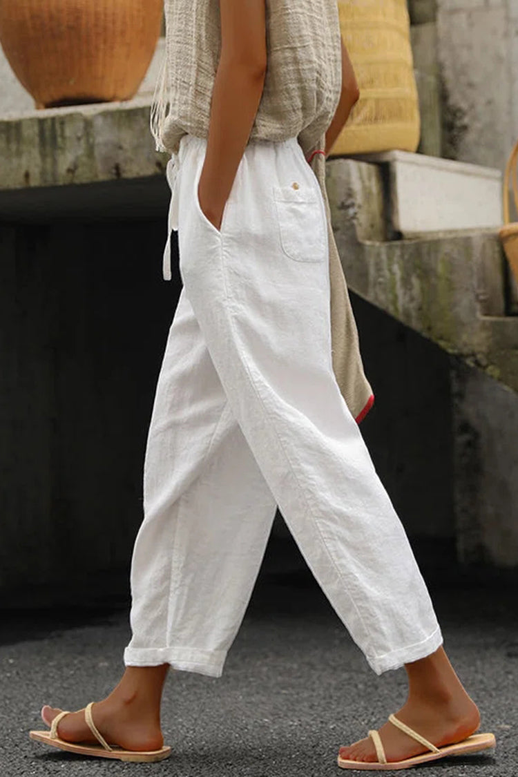 Solid Colour Cotton Linen Lace Up Loose Casual Trousers