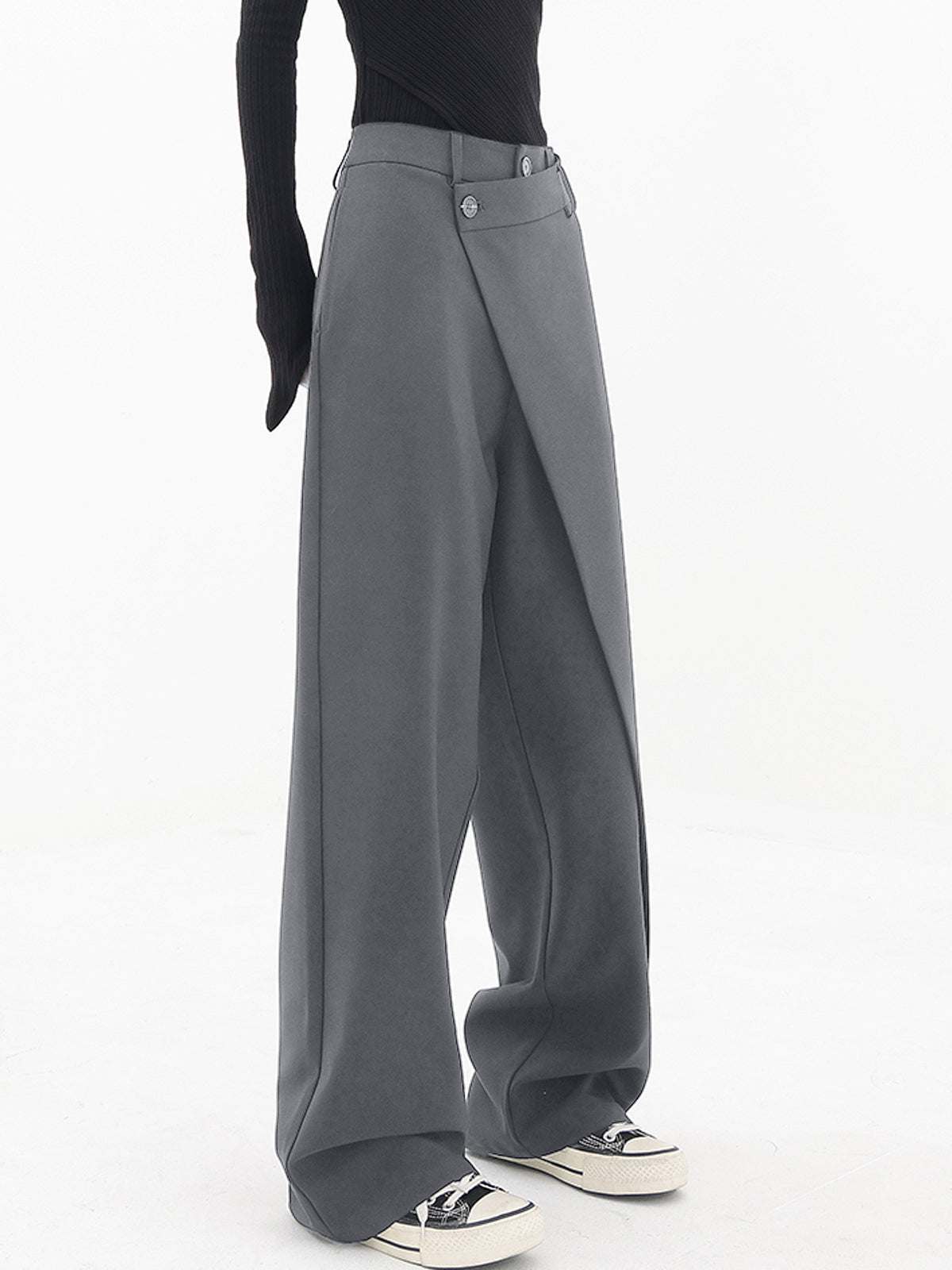 Asymmetrical Layer Button Baggy Wide Leg Trousers