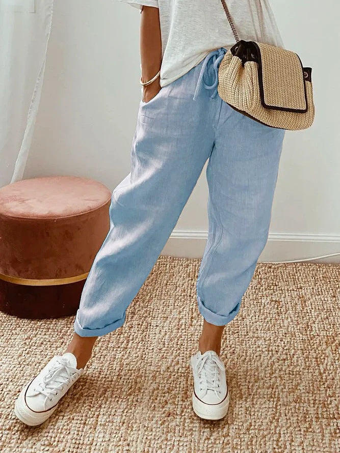 Solid Colour Insert Pocket Drawstring Casual Trousers