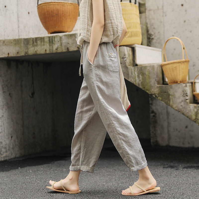 Solid Colour Cotton Linen Lace Up Loose Casual Trousers