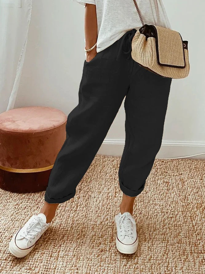 Solid Colour Insert Pocket Drawstring Casual Trousers