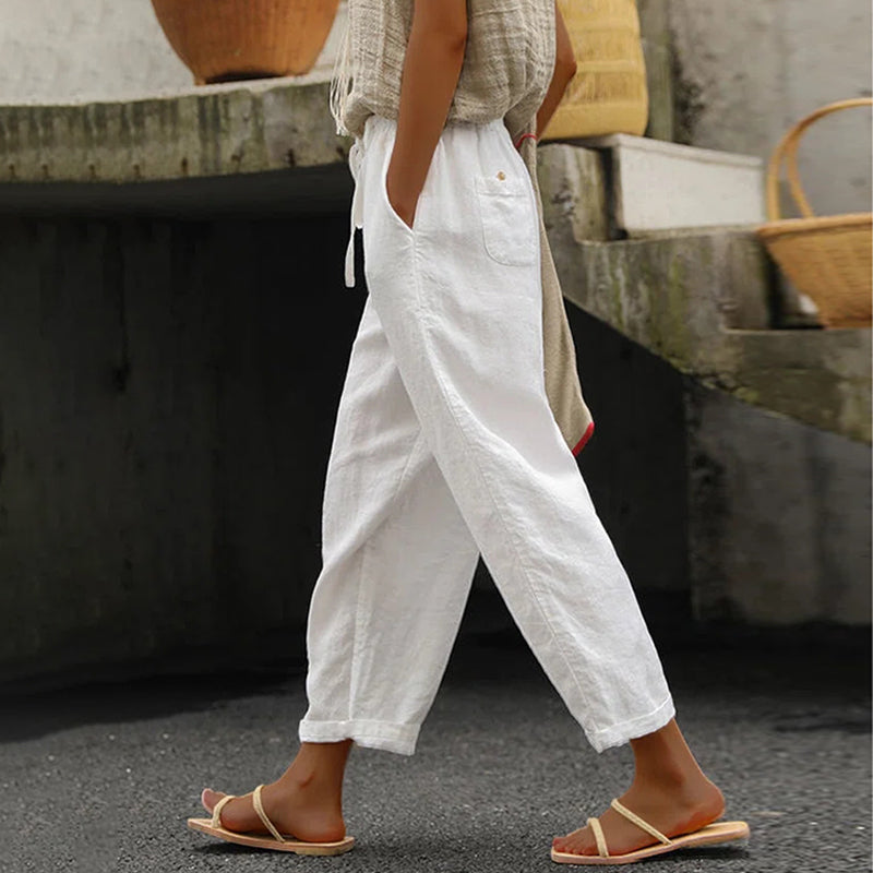 Solid Colour Cotton Linen Lace Up Loose Casual Trousers