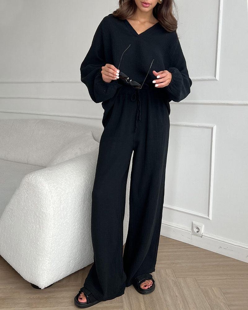 Autumn Simple V-Neck Casual Two-Piece Set