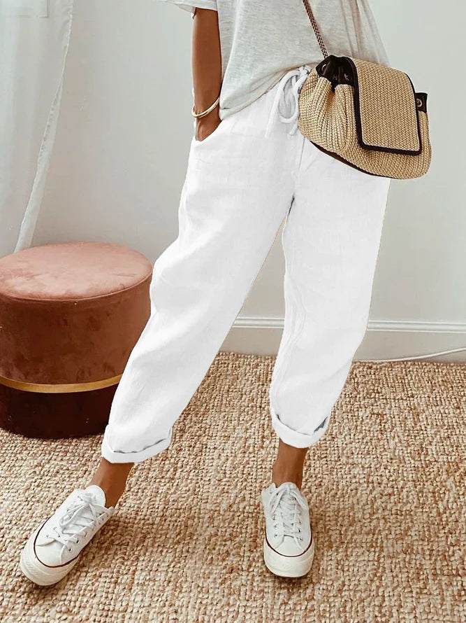 Solid Colour Insert Pocket Drawstring Casual Trousers