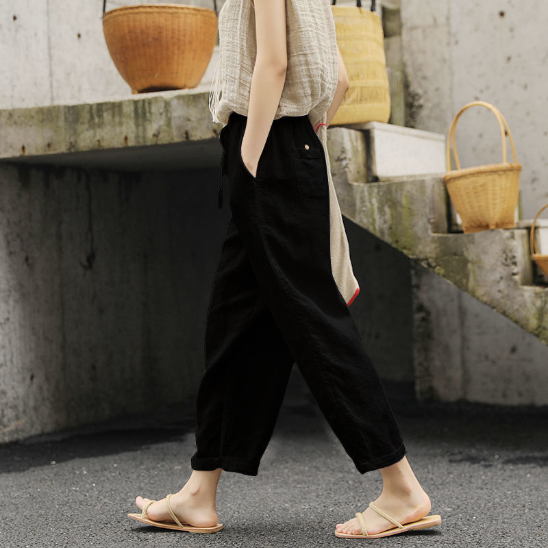 Solid Colour Cotton Linen Lace Up Loose Casual Trousers