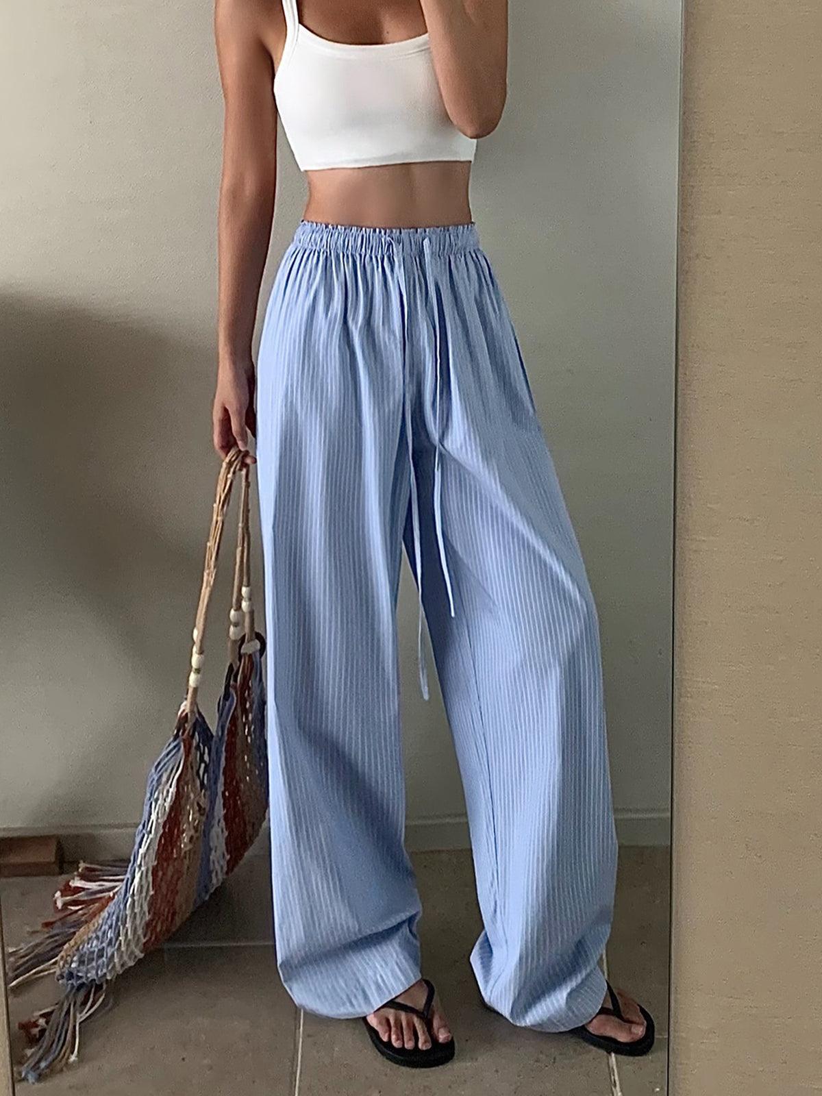 Pinstripe Drawstring Wide-Leg Trousers