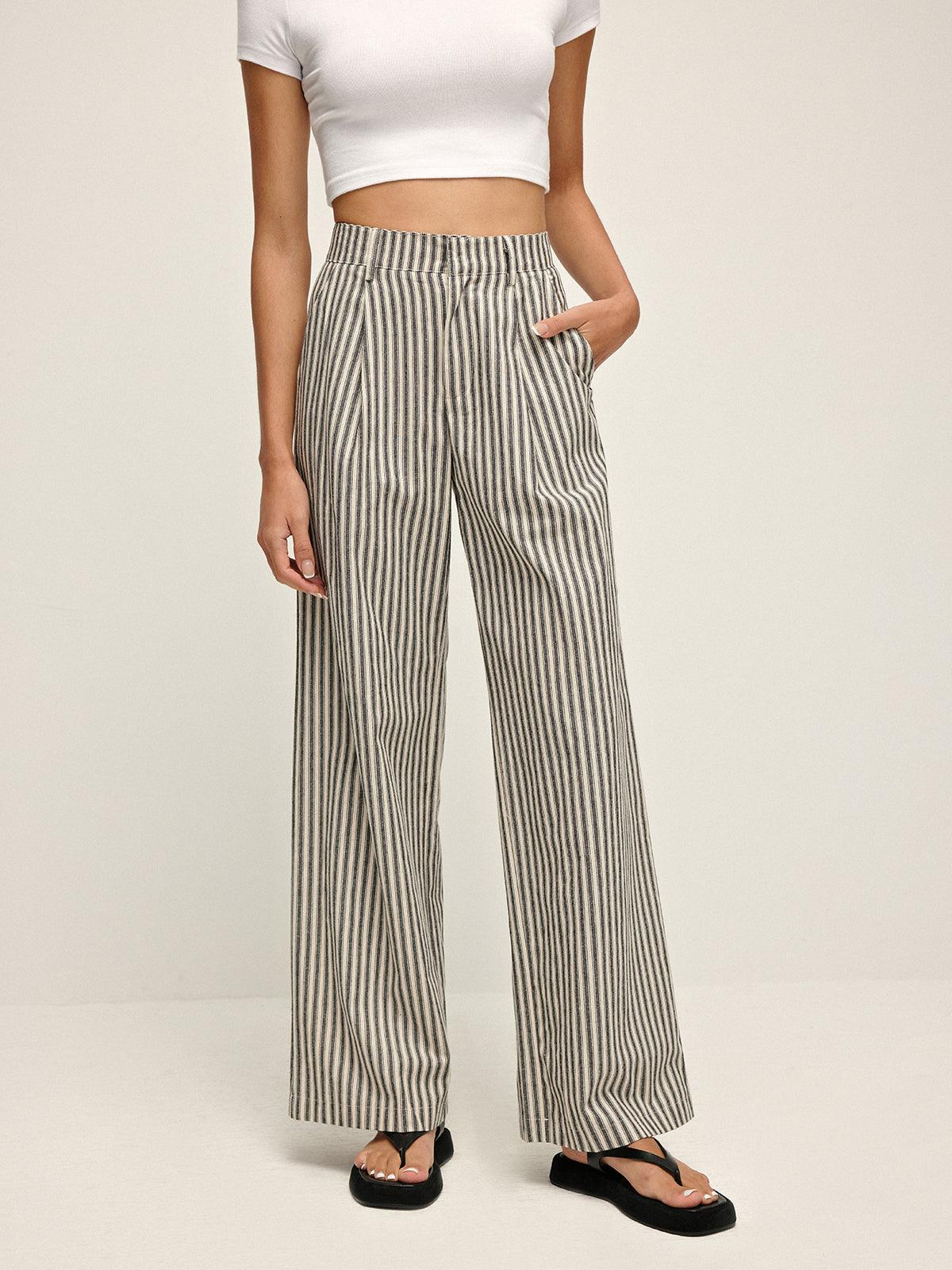 Pinstripe High-Waist Long Trousers