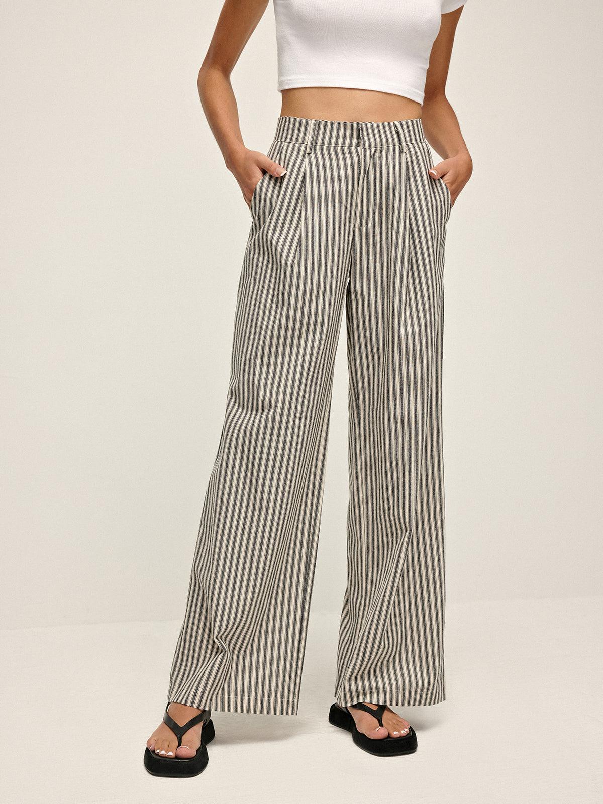 Pinstripe High-Waist Long Trousers