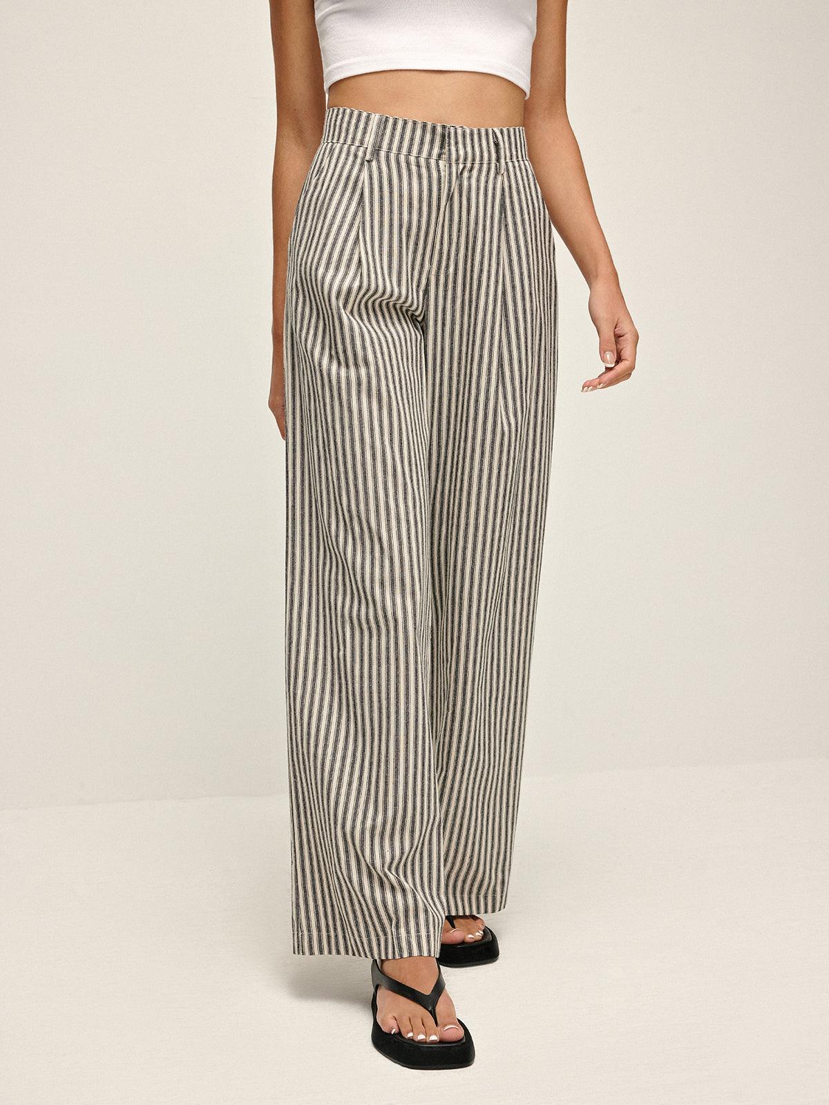 Pinstripe High-Waist Long Trousers