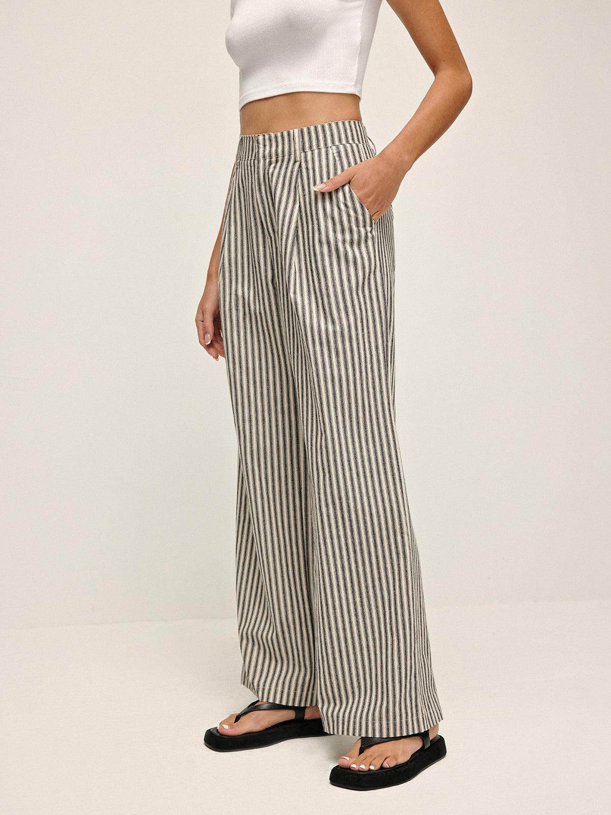 Pinstripe High-Waist Long Trousers