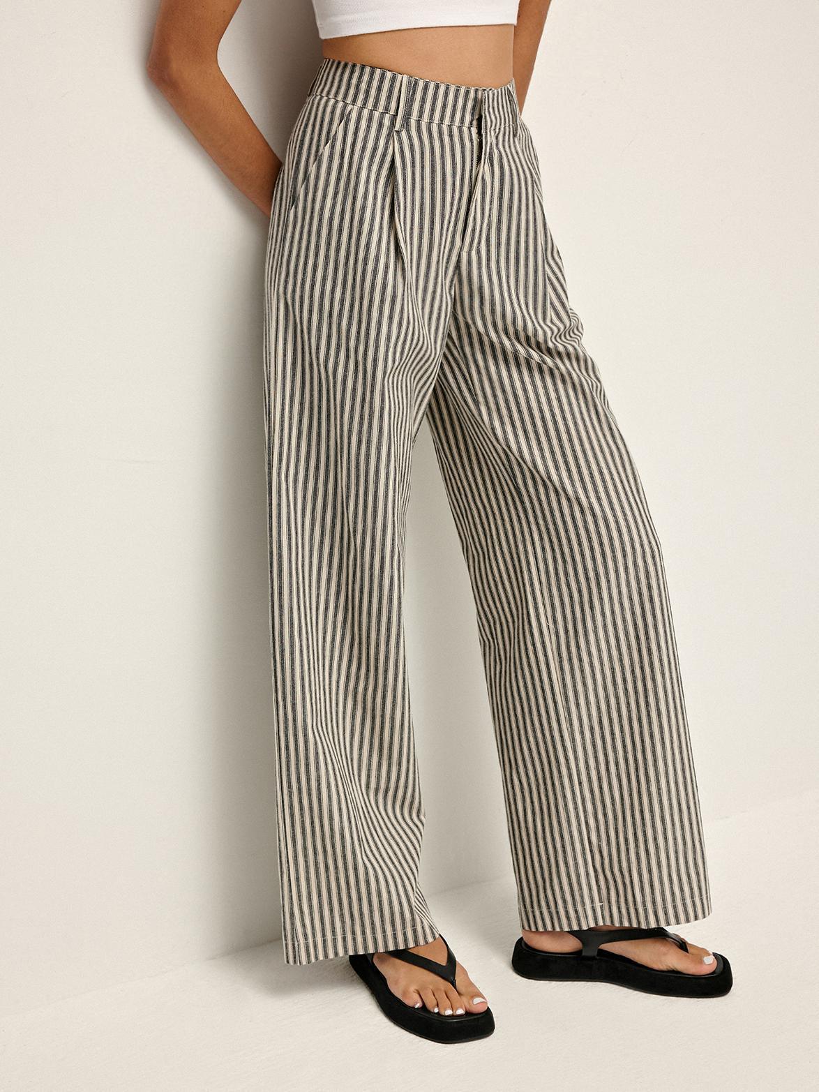 Pinstripe High-Waist Long Trousers