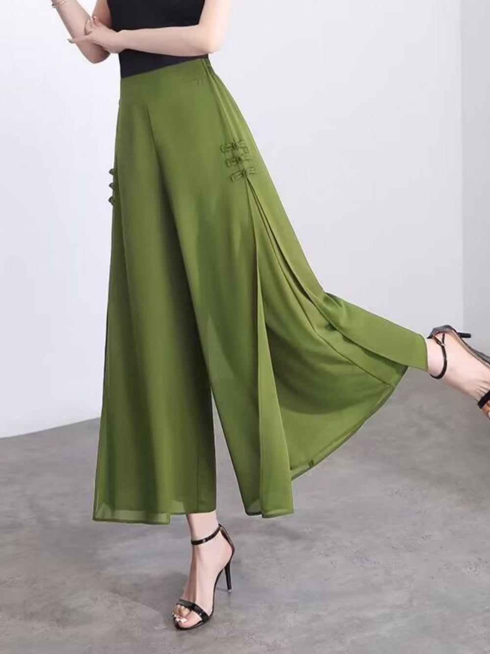 Slit drape chiffon cropped wide-leg trousers