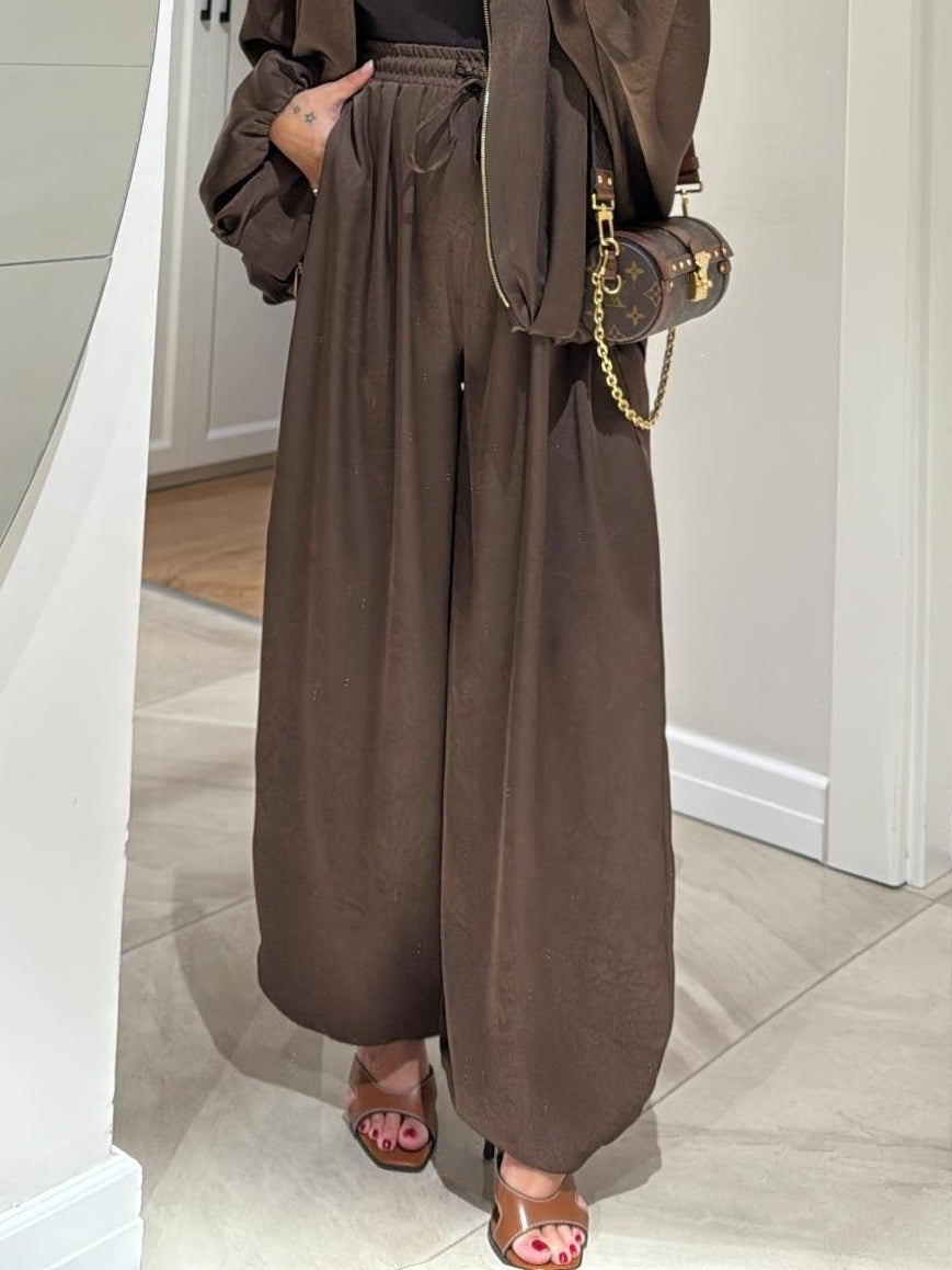 Brown Drawstring Wide-leg Casual Trousers