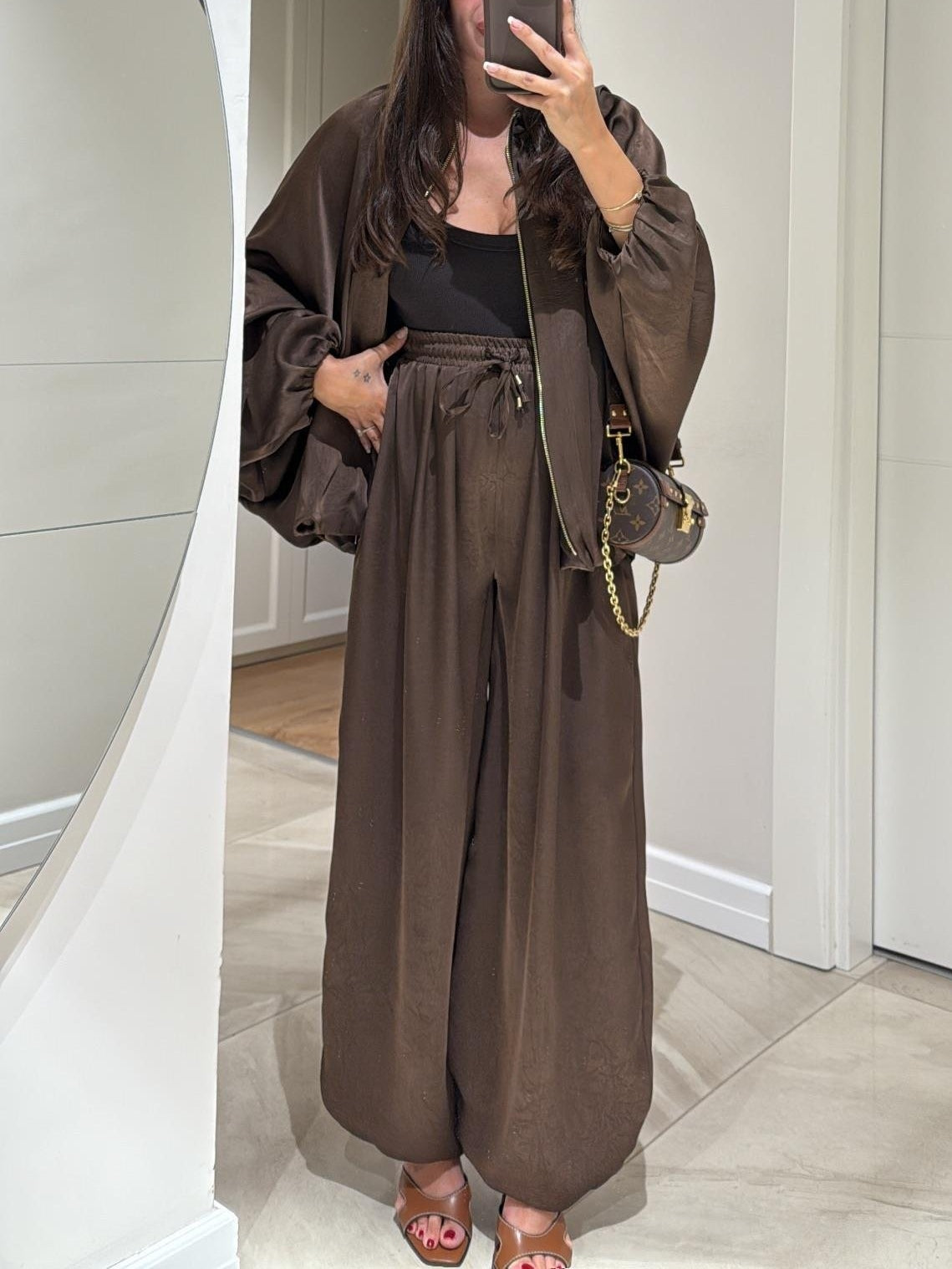 Brown Drawstring Wide-leg Casual Trousers