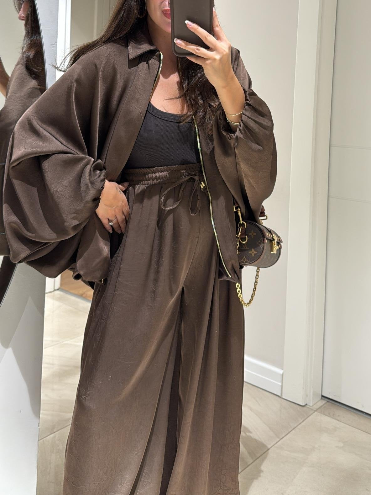 Brown Drawstring Wide-leg Casual Trousers