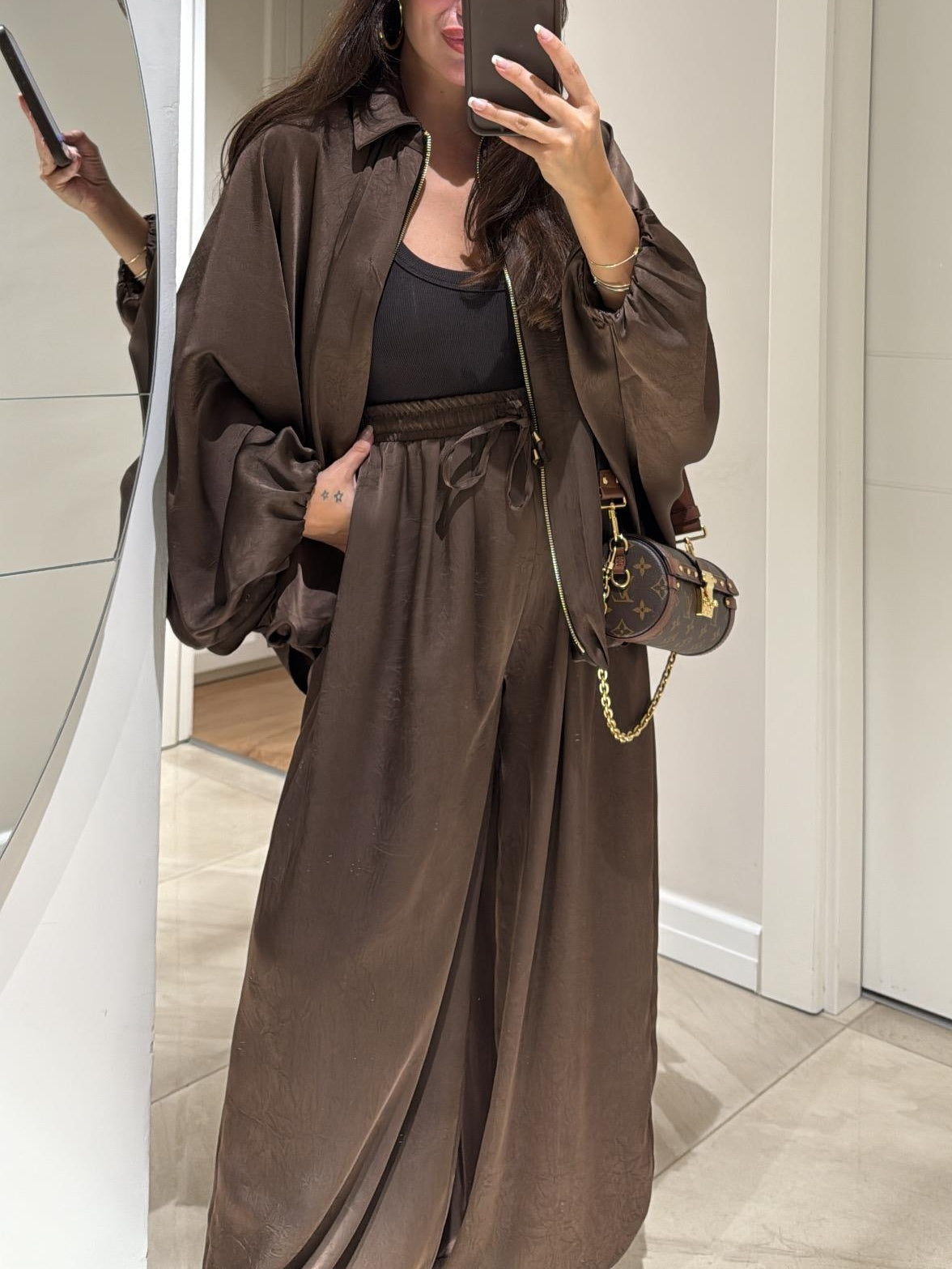Brown Drawstring Wide-leg Casual Trousers