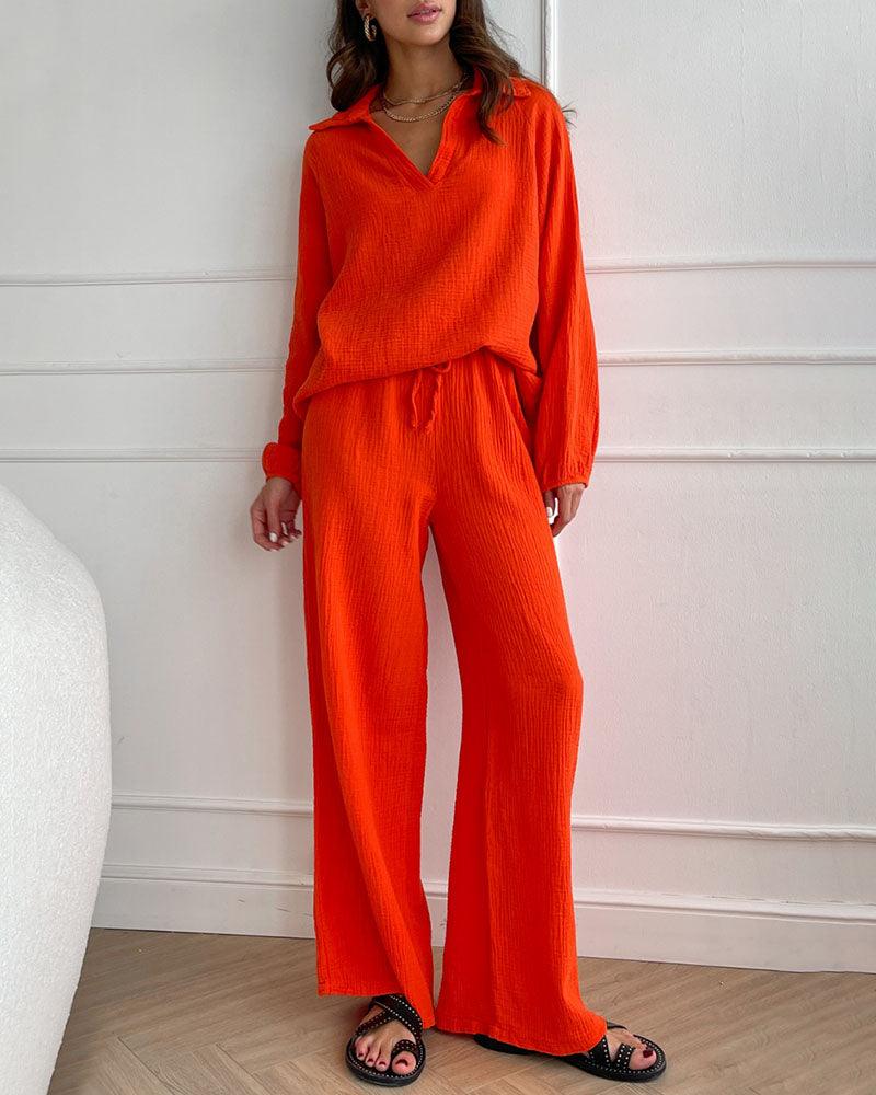 Autumn Simple V-Neck Casual Two-Piece Set