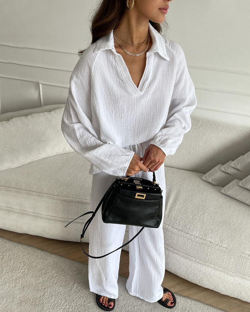 Autumn Simple V-Neck Casual Two-Piece Set
