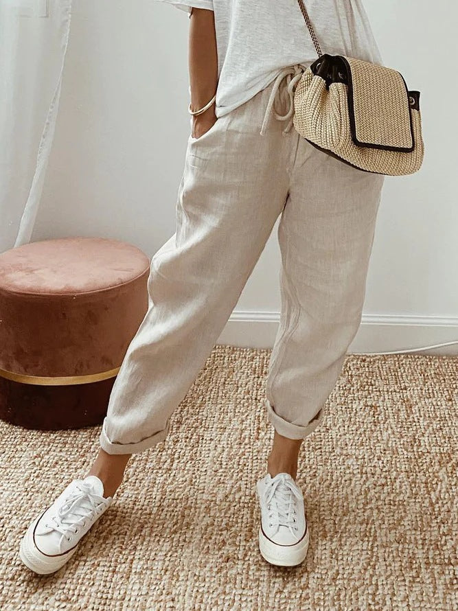 Solid Colour Insert Pocket Drawstring Casual Trousers