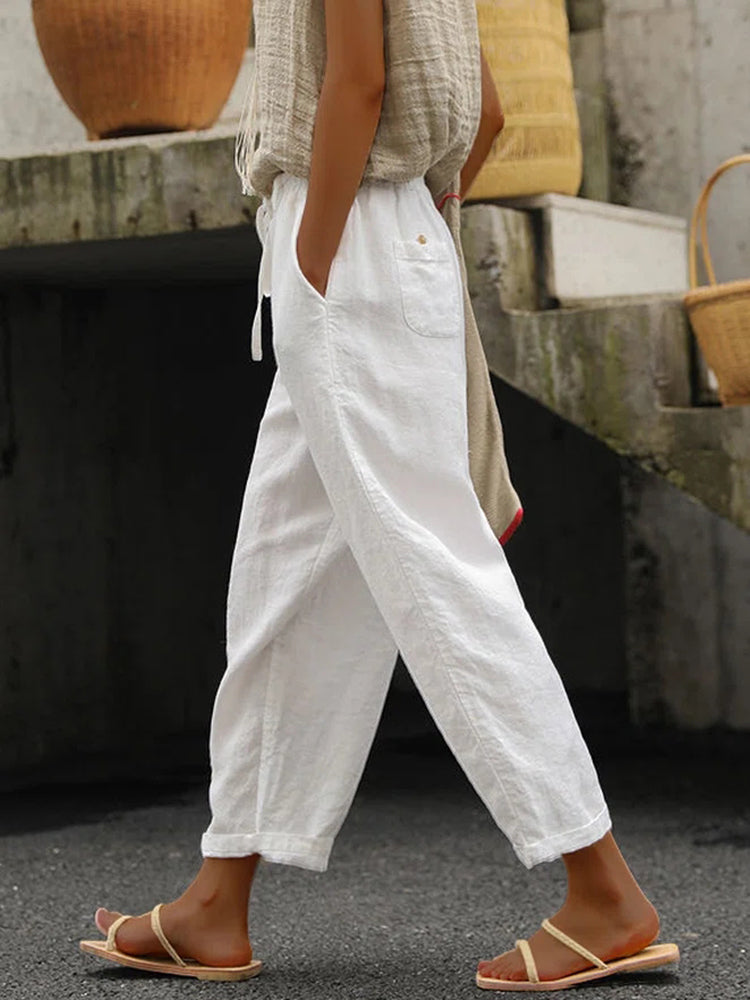 Solid Colour Cotton Linen Lace Up Loose Casual Trousers