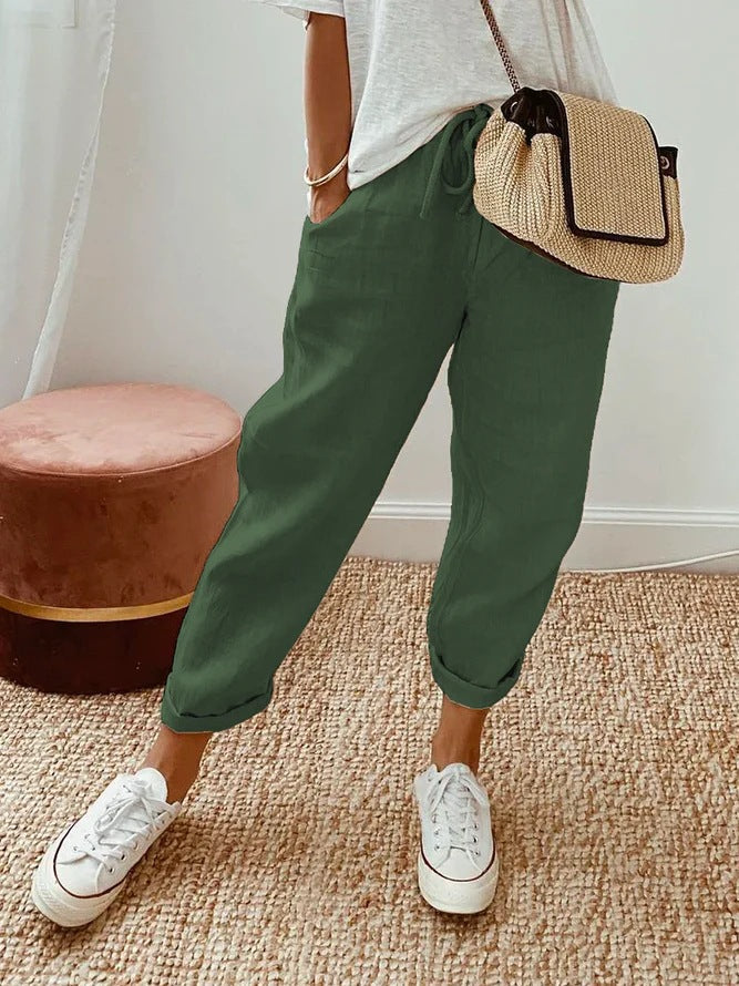 Solid Colour Insert Pocket Drawstring Casual Trousers