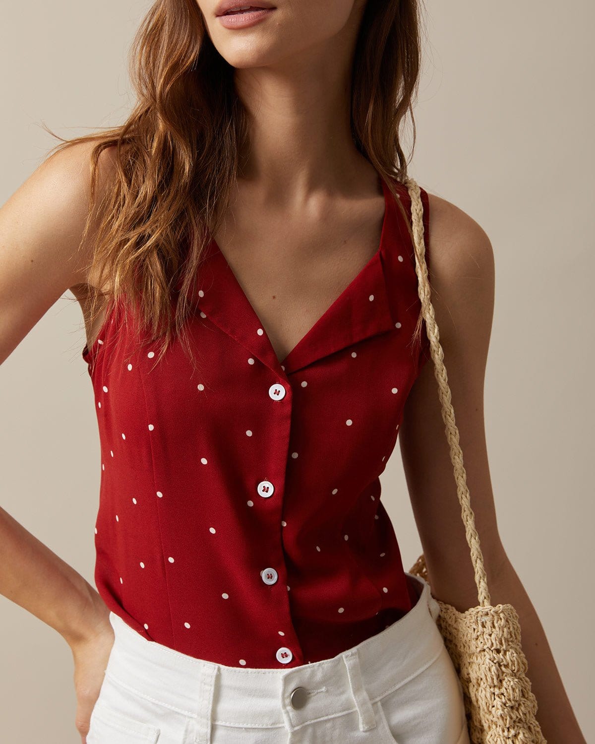 The Red V Neck Polka Dot Print Sleeveless Top