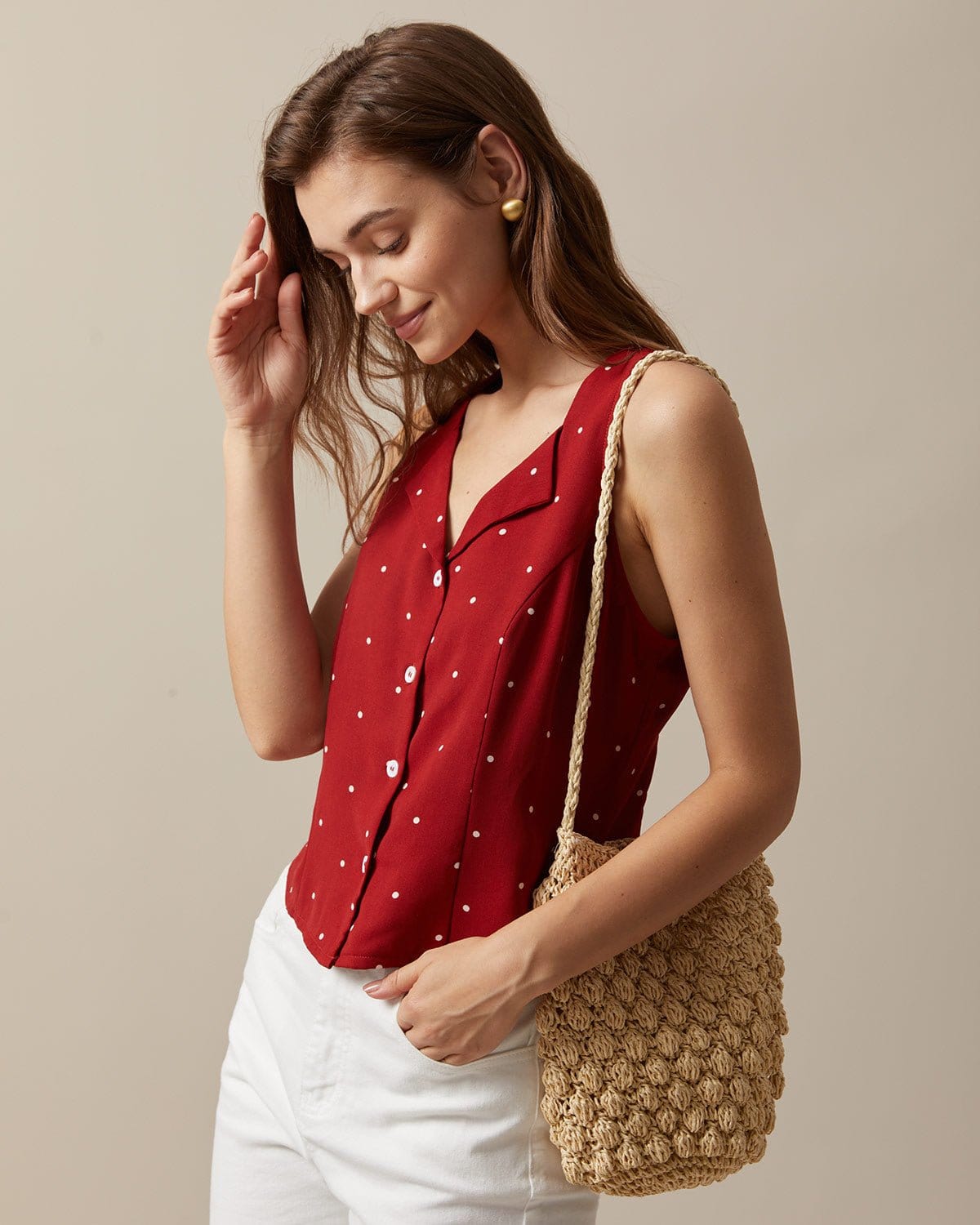 The Red V Neck Polka Dot Print Sleeveless Top