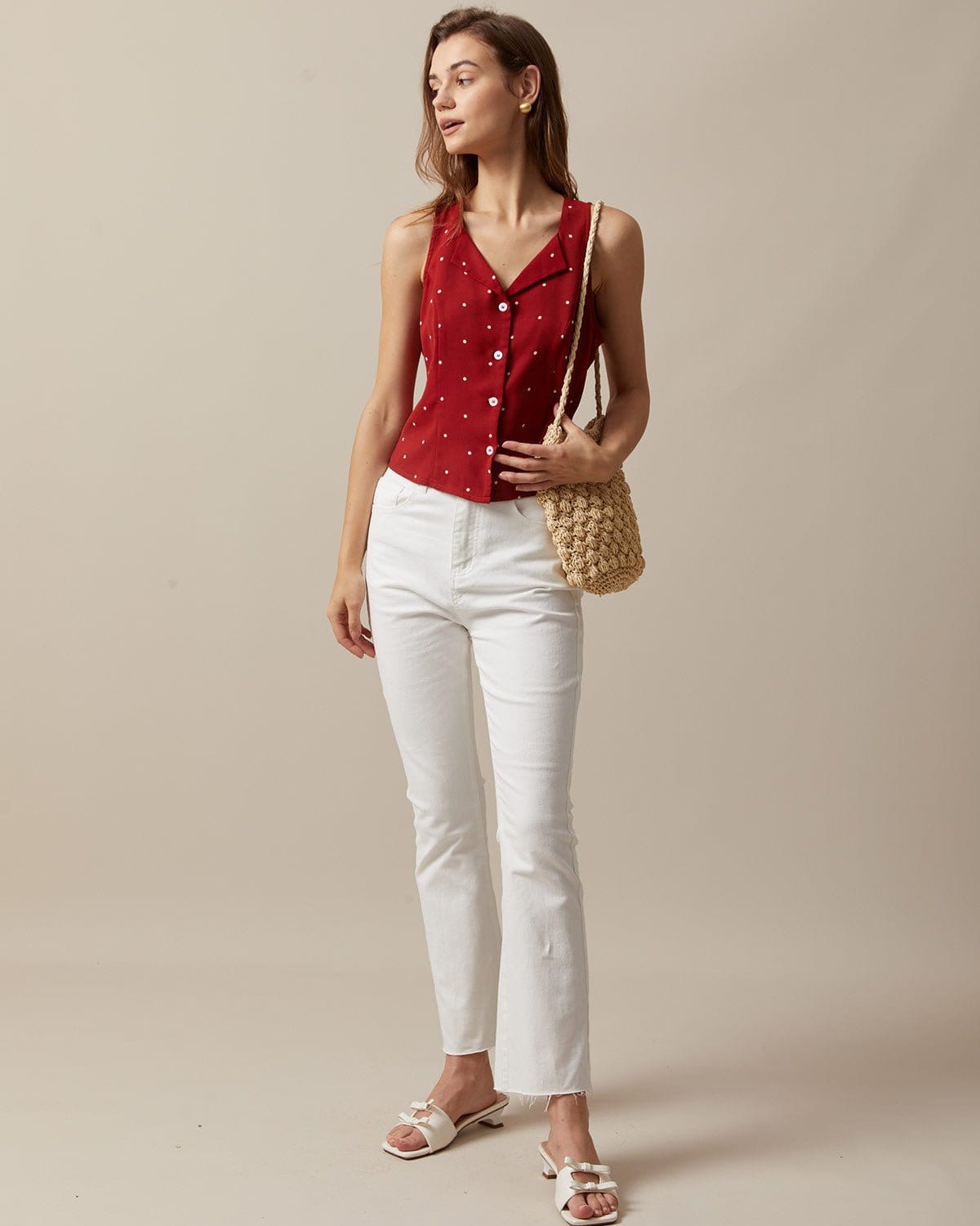 The Red V Neck Polka Dot Print Sleeveless Top