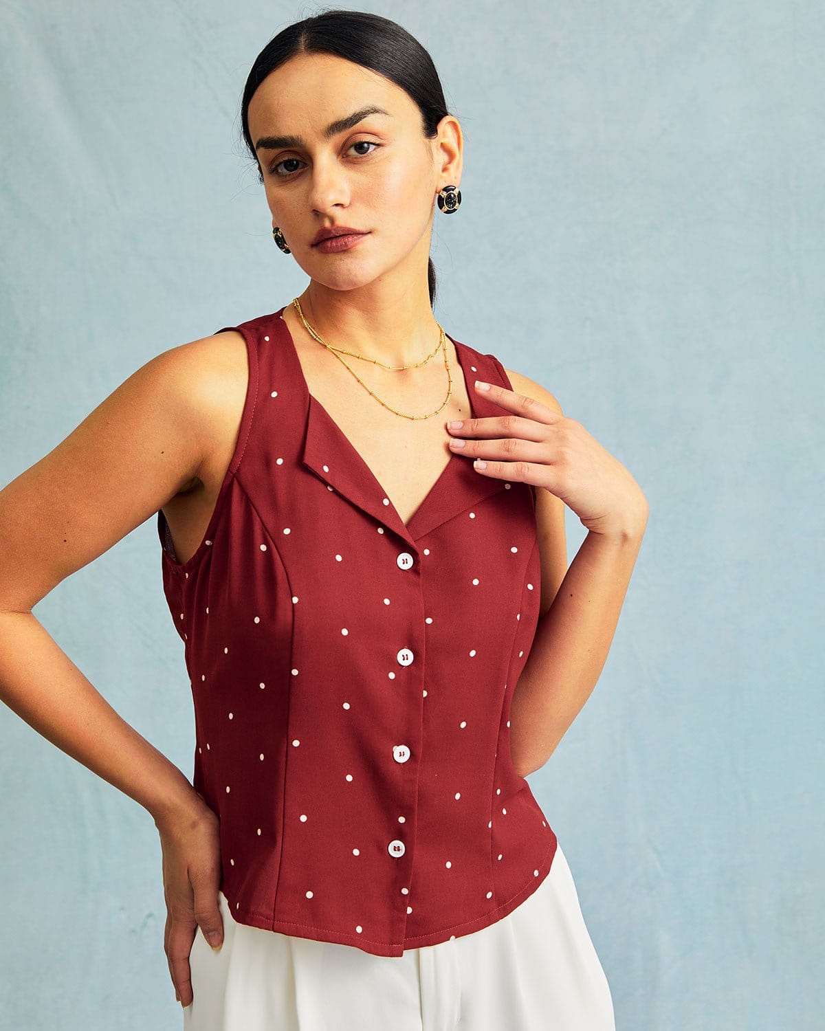The Red V Neck Polka Dot Print Sleeveless Top