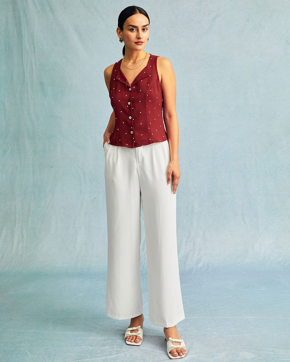 The Red V Neck Polka Dot Print Sleeveless Top