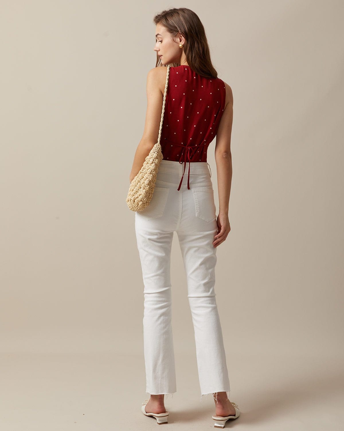 The Red V Neck Polka Dot Print Sleeveless Top