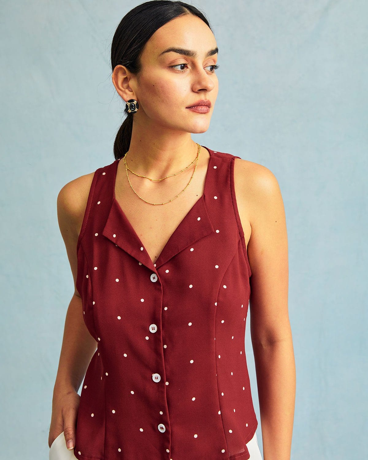 The Red V Neck Polka Dot Print Sleeveless Top