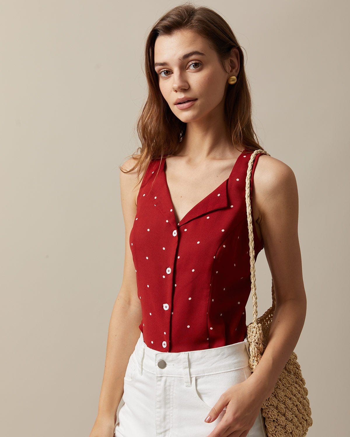The Red V Neck Polka Dot Print Sleeveless Top
