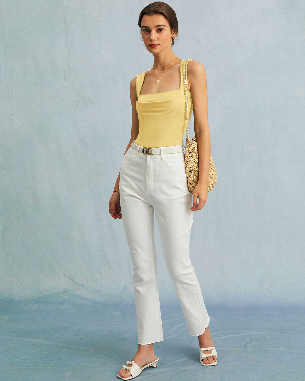 Yellow Square Neck Ruched Tank Top