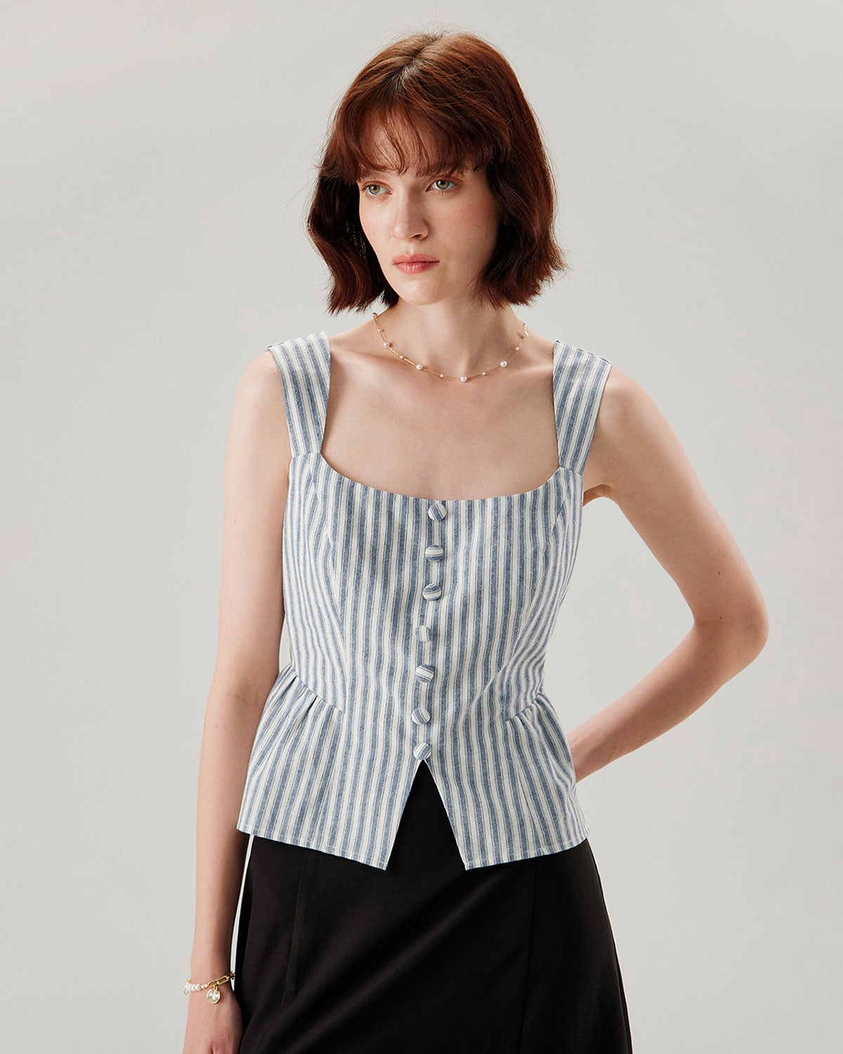 Blue Striped Square Neck Tank Top