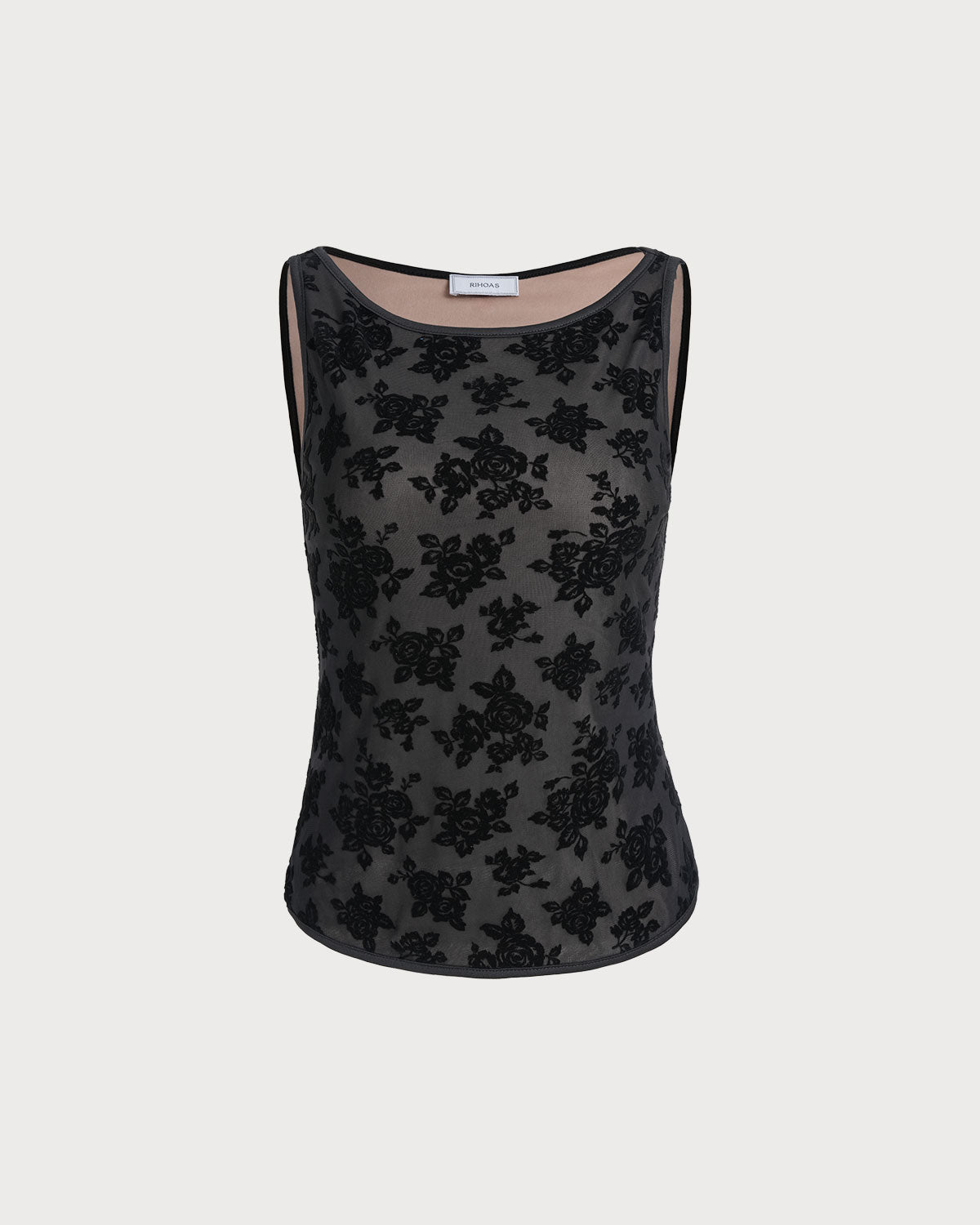 Black Floral Boat Neck Tank Top