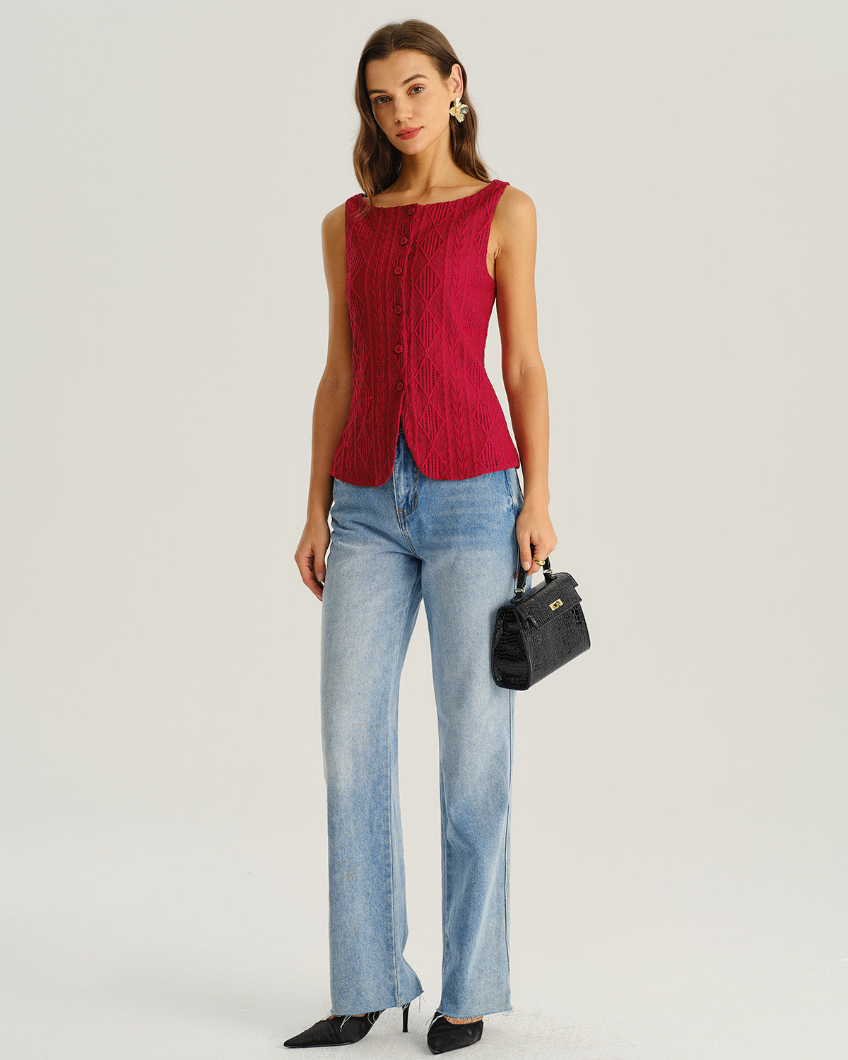 Wine Red Jacquard Tank Top