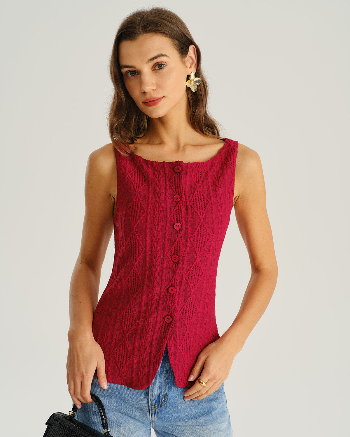 Wine Red Jacquard Tank Top
